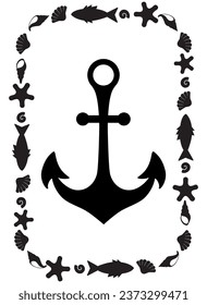 Anchor silhouette in a rectangular frame - vector template for printing or cutting. Anchor composition on a marine theme