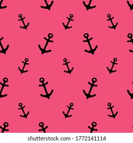 Anchor. Silhouette. Seamless vector pattern. The endlessly repeating ornament of the symbols of navigation. Outline on an isolated pink background. Marine decorative element. Idea for packaging, case.