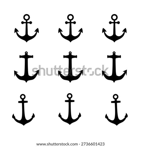 Anchor Silhouette Vector Set, Nautical Marine Symbols, Black Ship Anchor Icons, Sea Navigation Illustration