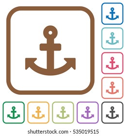 Anchor simple icons in color rounded square frames on white background