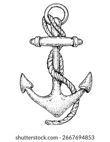 Anchor sketch. Hand drawn vector illustration. Black and white. Engraving style