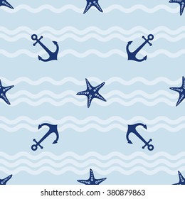 Anchor. Starfish. Seamless pattern. Vector background.