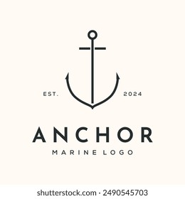 anchor steel line art logo vector minimalist illustration design, metal anchor with sun nature symbol design