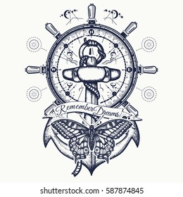 Anchor, steering wheel, butterfly, tattoo art.  Symbol of freedom, marine adventure tourism. Slogan follow dreams t-shirt design 