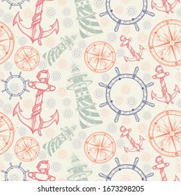Anchor, steering wheel, compass and lighthouse. Seamless pattern. Packing old paper, scrapbooking style. Vintage background. Medieval manuscript, engraving art. Symbols of adventure voyage, tourism 