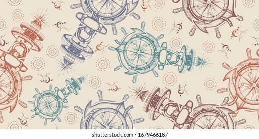 Anchor, steering wheel, compass and lighthouse. Seamless pattern. Packing old paper, scrapbooking style. Vintage background. Medieval manuscript, engraving art. Symbol of maritime adventure, tourism