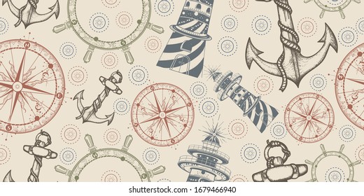 Anchor, steering wheel, compass and lighthouse. Seamless pattern. Packing old paper, scrapbooking style. Vintage background. Medieval manuscript, engraving art. Symbols of adventure voyage, tourism 