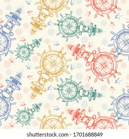 Anker, Lenkrad, Kompass und Leuchtturm.Nahtloses Muster. Verpacken von Altpapier, Scrapbooking-Stil. Vintage-Hintergrund. Mittelalterliches Manuskript, Gravierungskunst. Symbol maritimer Abenteuer, Tourismus
