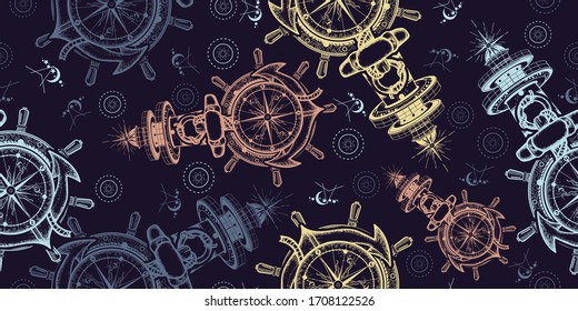 Anchor, steering wheel, compass and lighthouse. Seamless pattern. Packing old paper, scrapbooking style. Vintage background. Medieval manuscript, engraving art. Symbol of maritime adventure, tourism 