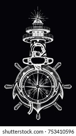 Anchor, steering wheel, compass, lighthouse, tattoo and t-shirt design. Symbol of maritime adventure, tourism, travel