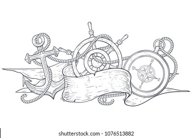 Anchor, steering wheel and compass, tangled with rope and ribbon banner. Hand drawn sketch. Vector illustration isolated on white background