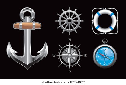 Anchor, steering wheel, compasses, and life ring on black background