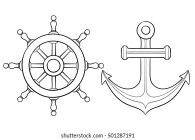 Anchor and steering wheel. Hand drawn sketch. Vector illustration isolated on white background