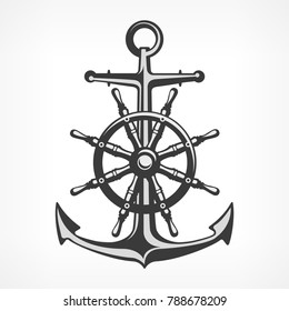 Anchor with steering wheel, nautical symbols on white, marine. Vector illustration.