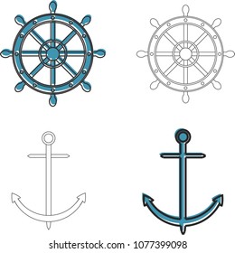 Anchor and steering wheel. Set of detailed icons