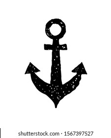 Anchor stencil grunge abstract black silhouette drawing design vector illustration isolated on white background.Marine life.Old navy.T-shirt print.