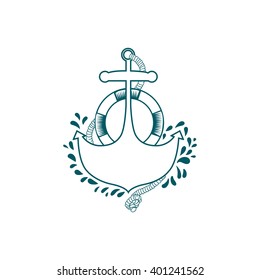 Anchor stencil with Lifebuoy and rope vector illustration. This illustration can be used as a sign for print on summer T-shirts and bags