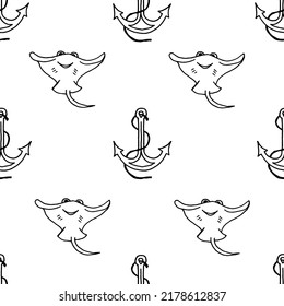 Anchor and stingray fish drawn with black marker on white paper. Seamless background with pattern of cramp-fish and anchor. Summer vacation concept.