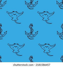 Anchor and stingray fish drawn with black marker on blue paper. Seamless background with pattern of cramp-fish and anchor. Summer vacation concept.