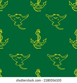 Anchor and stingray fish drawn with yellow marker on green paper. Seamless background with pattern of cramp-fish and anchor. Summer vacation concept.