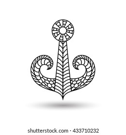 Anchor in the style of zentangle, Doodle. Black and white lines. The lace pattern. Vector illustration