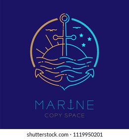 Anchor, sun, moon and wave shape, logo icon outline stroke set dash line design illustration isolated on dark blue background with marine text and copy space