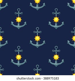 Anchor with sun on blue background seamless vector pattern.