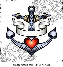 Anchor with swallows and ribbon. Tattoo design. Vector illustration.