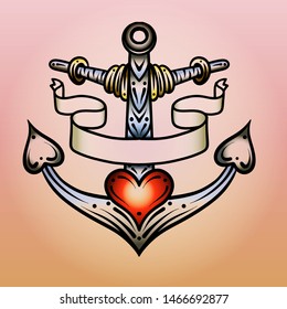 Anchor with swallows and ribbon. Tattoo design. Vector illustration.
