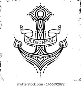 Anchor with swallows and ribbon. Tattoo design. Vector illustration.