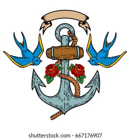 Anchor with swallows and roses. Tattoo design. Vector illustration