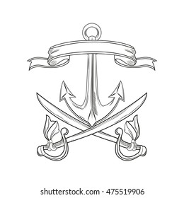 anchor sword ribbon cartoon pirate tattoo marine nautical icon. Black white isolated design. Vector illustration