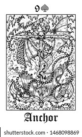 Anchor symbol. Tarot card from vector Lenormand Gothic Mysteries oracle deck. Black and white engraved illustration. Fantasy and mystic line art drawing. Gothic, occult and esoteric background