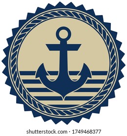 Anchor symbol vector with nautical rope in marine blue and beige color on isolated white background.