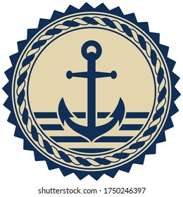 Anchor symbol vector with nautical rope in marine blue and beige color on isolated white background.