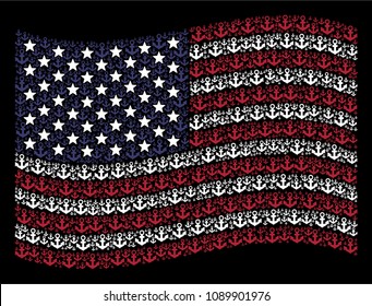 Anchor symbols are arranged into waving American flag stylization on a dark background. Vector concept of America state flag is formed of anchor items. Designed for political and patriotic doctrines.