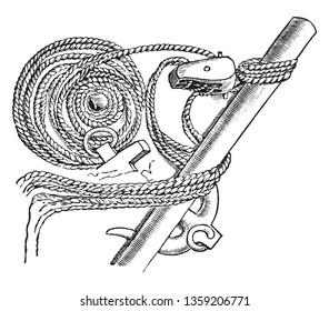 Anchor and Tackle used to raise and lower it, vintage line drawing or engraving illustration.