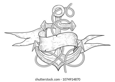 Anchor tangled with rope and ribbon banner. Hand drawn sketch. Vector illustration isolated on white background