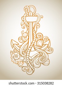 Anchor tattoo with shells and stylized waves in the form of curls
