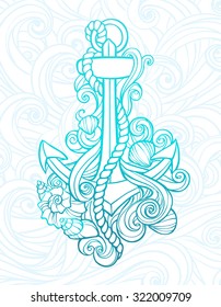 Anchor tattoo with shells and stylized waves in the form of curls