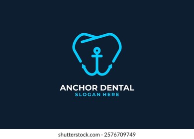 anchor and tooth logo monoline style. Anchor Dental Logo Icon Design Template. Harbor Dental tooth dentist Logo Vector Stock.