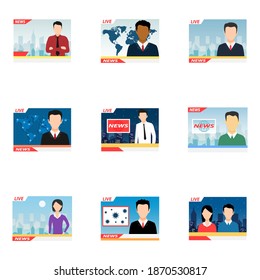 Anchor TV presenters man collection. Online breaking news set concept vector illustration. Flat design of broadcasting on city background.