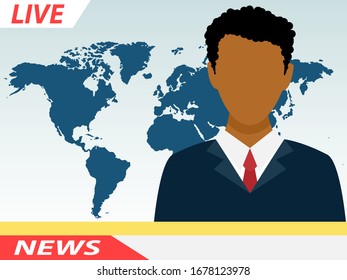 Anchor TV presenters man. Online breaking news concept vector illustration. Flat design of broadcasting on city background.