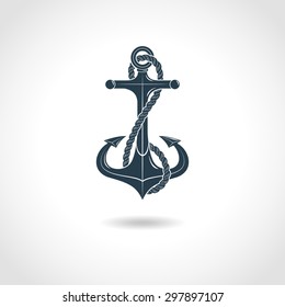 Anchor with twisted rope maritime hope symbol flat black silhouette shadow isolated object vector illustration