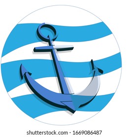 Anchor in vector design on stripe background. Graphic illustration in blue marine colours. Bright, abstract, silhouette