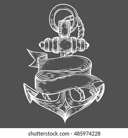 Anchor vector hand drawn illustration engraved style. Retro vintage nautical doodle with ribbon. Sketch logo, emblem, banner, label. Isolated on black
