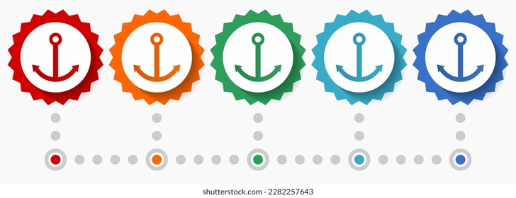 Anchor vector icon set, colorful infographic template, set of flat design badge icons in 5 color options