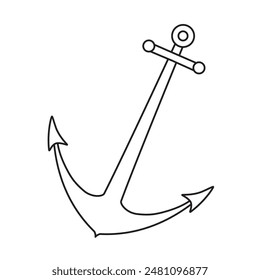 Anchor Vector illustration. Outline drawing on isolated background. Linear sketch for print design or icon. Black etching for childish cards in nautical style. Doodle engraving.