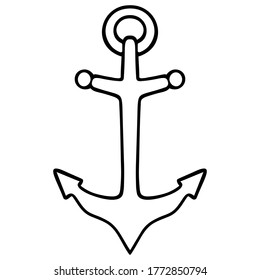 Anchor. Vector illustration. Outline on an isolated white background. Doodle style. Sketch. Device to hold the ship, submarine, raft. Symbol of seafaring. Special cast, forged construction. Marine.