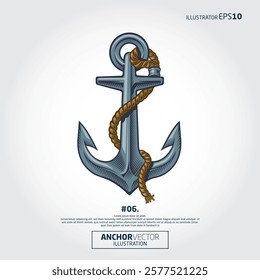 Anchor Vector Illustration. Anchor and rope engraving vector illustration.